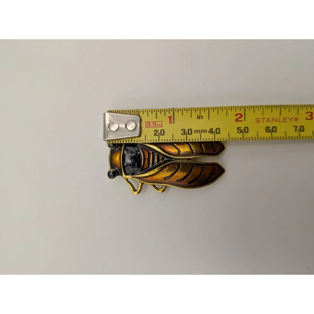 Gold Tone Enamel Cicada Insect Brooch Pin Amber Brown Nature Jewelry 1.75 Inch